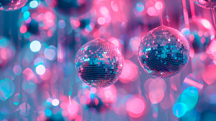 Colorful disco balls on a bright background, perfect for nightclubs and event promotions. Suitable for businesses related to entertainment, parties, and celebrations. Represents vibrant nightlife 