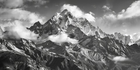 Obraz premium A black and white photo of a mountain landscape with snowy peaks and misty atmosphere