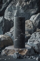 Obraz premium A simple still life composition with a black vase on top of a pile of rocks