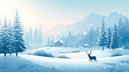 A deer standing in a snowy landscape with a cabin in the background