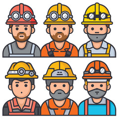 Six cartoon miners wearing safety helmets, headlamps, various facial expressions. Diverse group male mine workers, colorful uniforms, professional headgear. Flat design, mining industry characters