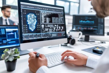 Person analyzing AI data on a computer screen in a modern office setting, symbolizing advanced technology, innovation, and dynamic digital transformation