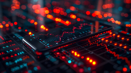 Obraz premium Phone with trading app on digital background with glowing trading charts