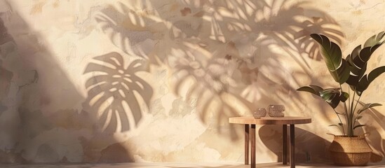 Shadow of monstera leaves on beige textured wall with table and mock-up for product presentation.