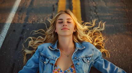 Fototapeta premium Beautiful blonde woman with closed eyes in summer clothes lies on the asphalt