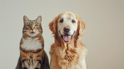 a happy dog and a cat sitting, background.