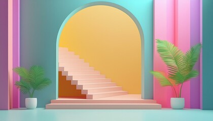Modern geometric style arch and staircase in minimalist 3D interior.