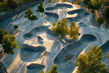 aerial view of a skatepark, drone view of a skate park with concrete and trees, sunlight and shadows, nobody