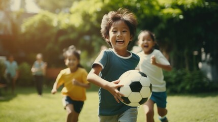 A group of kids playing with a soccer ball