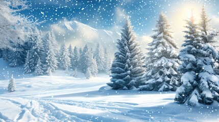 Fototapeta premium A serene winter scene with tall pine trees standing in front of a snow-covered landscape