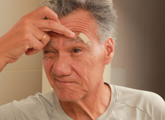 Obraz premium Band Aid on the brow of a man’s face to cover his wound
