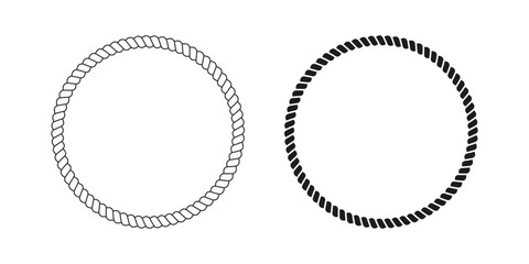 White and black round rope frames. Hemp or steel circular borders of cord or thread, cable or jute. Design elements on maritime, yacht or nautical theme. Vector graphic illustration. © vikusha_art
