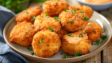 A plate of golden, crispy fast food crab cakes with a side of remoulade sauce