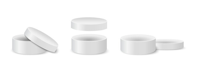 Open round box mockups. Cardboard or steel containers for gifts or hats, cosmetics or medicine, sweets or cookies. Silver cylindrical packages. Vector realistic illustration.