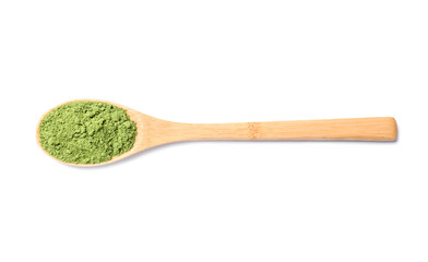 Spoon of green matcha powder isolated on white, top view