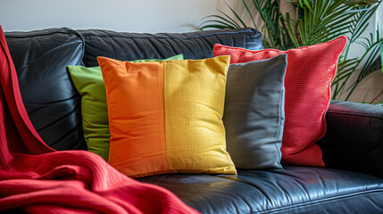 A photo captures a black leather couch adorned with four colorful cushions and a red blanket