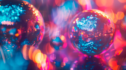 Colorful disco balls on a bright background, perfect for nightclubs and event promotions. Suitable for businesses related to entertainment, parties, and celebrations. Represents vibrant nightlife 