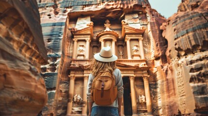 Fototapeta premium Solo Traveler Admiring the Beauty of Petra's Treasury