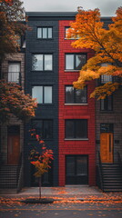 Vibrant orange autumn leaves contrast with the bold red and black facade of townhouses, showcasing the beauty of fall in an urban setting - Generative AI