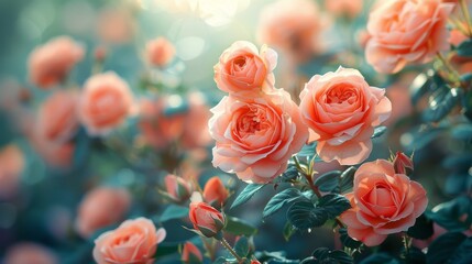 A vibrant image capturing the subtle beauty of orange roses in bloom with a soft, dreamy lighting effect