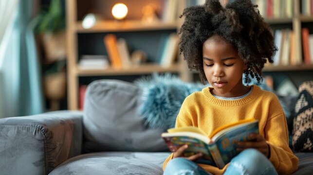 Focused child reading a book on a cozy couch