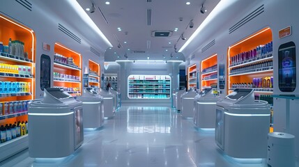 Obraz premium Modern futuristic pharmacy interior with sleek design, illuminated shelves, and a bright, clean atmosphere for seamless shopping experience.
