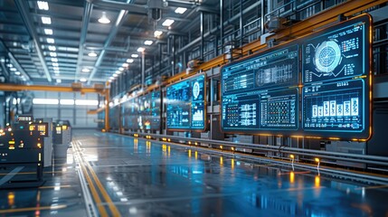 Naklejka premium Modern industrial automation in a factory setting with large digital screens displaying data and advanced technology systems.