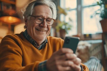 Older man sitting on couch looking at his cell phone, great for depicting modern life scenarios or representing technology use