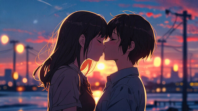 A natural bond between a girl and a boy, the summer sun is setting, and they kiss because of their love.