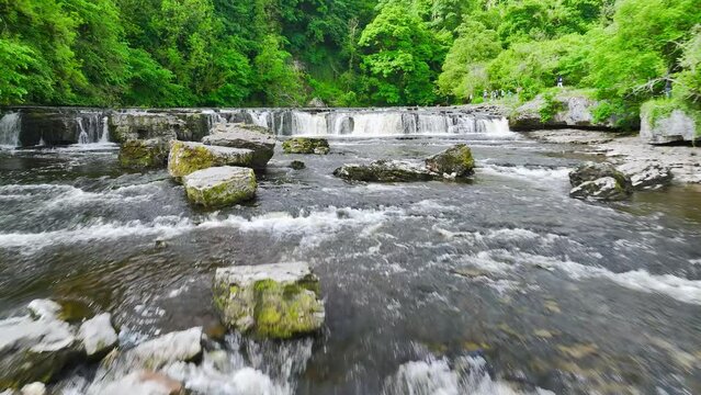 Aysgarth Falls on River Ure from a drone, Yorkshire Dales National Park, North Yorkshire, England