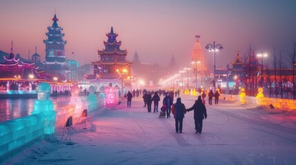 Fototapeta premium The image shows a winter wonderland with people walking on a frozen lake surrounded by snow-covered trees and illuminated by colorful lights.
