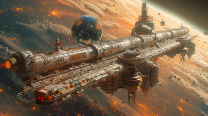 Fototapeta premium A futuristic space station orbiting a distant planet created with Generative AI technology