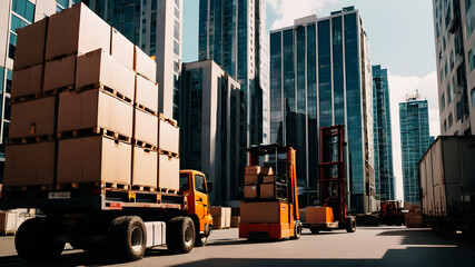 An urban setting with high-rise buildings where movers are unloading cargo from a truck. They use hand trucks and elevators to transport goods into a commercial building. The street is busy with pedes