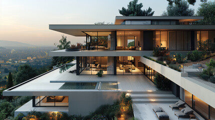 luxury apartment house with pool and perfect skyline created with Generative AI technology