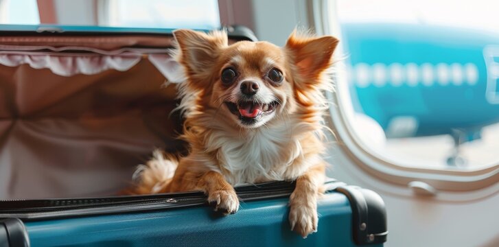 Chihuahua puppy with trendy outfit on a trip, cute funny dog sitting in suitcase in airport with copy space, concept of travelling, summer vacation, fashion dog, funny dog, happy trip.
