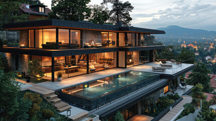 Fototapeta premium luxury apartment house with pool and perfect skyline created with Generative AI technology