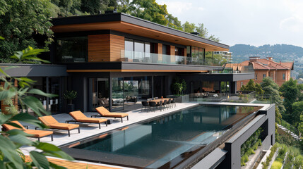 Fototapeta premium luxury apartment house with pool and perfect skyline created with Generative AI technology