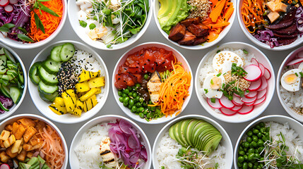 A selection of freshly made fast food rice bowls with vibrant ingredients and colorful presentation