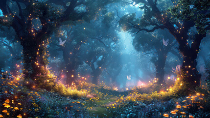 A magical forest with glowing mushrooms, enchanted trees, and a fairy flying above. created with Generative AI technology