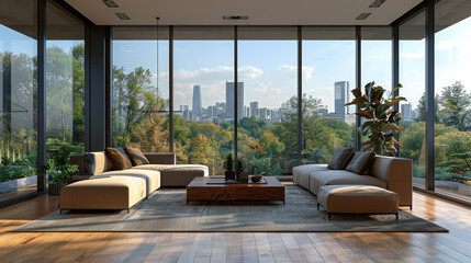 Fototapeta premium A modern minimalist living room with large windows created with Generative AI technology