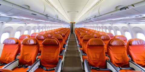 Fototapeta premium Empty airplane colored bright seats and windows in white airplane cabin interior