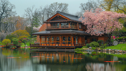 Fototapeta premium A tranquil Japanese tea garden with a traditional tea house created with Generative AI technology