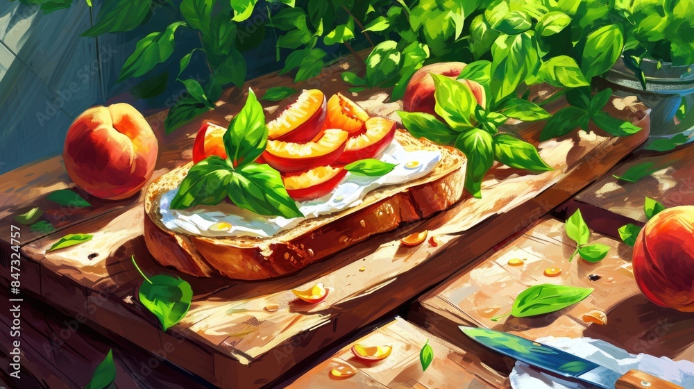 Wall mural fresh sandwich on a cutting board with sliced peaches, perfect for a quick snack or light meal - Wall murals