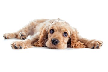A domesticated canine relaxing on a white background
