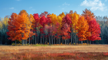 A vibrant autumn forest with trees in shades of red, orange, and yellow, and a clear blue sky. created with Generative AI technology