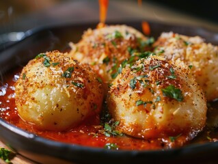 Freshly baked potatoes smothered in savory sauce and topped with melted parmesan cheese