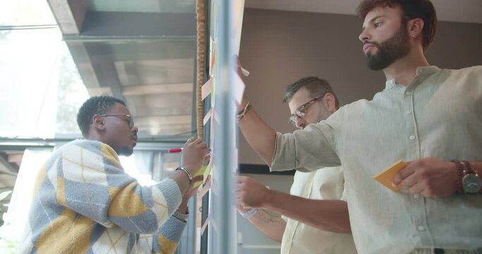 Diverse team brainstorming, discussing goals, and collaborating in a modern office. Using sticky notes on a glass wall for planning and strategizing, they showcase teamwork and persistence.