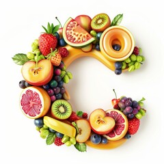 Typography of the letter C crafted from fresh fruit. Fruits and vegetables. Easy to remove background. Creative and healthy concept.