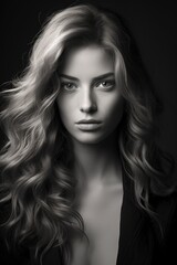 Fototapeta premium A black and white portrait of a woman with long hair, suitable for use in a variety of contexts where a simple yet elegant image is needed