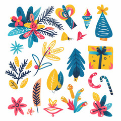 A vibrant collection of floral and holiday-themed illustrations featuring flowers, leaves, trees, and festive elements.